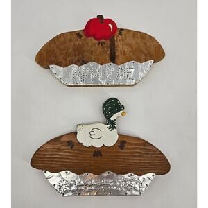 Vintage 1980s Country Décor Pie Tin Accents Folk Art Rustic Wood Set of 2